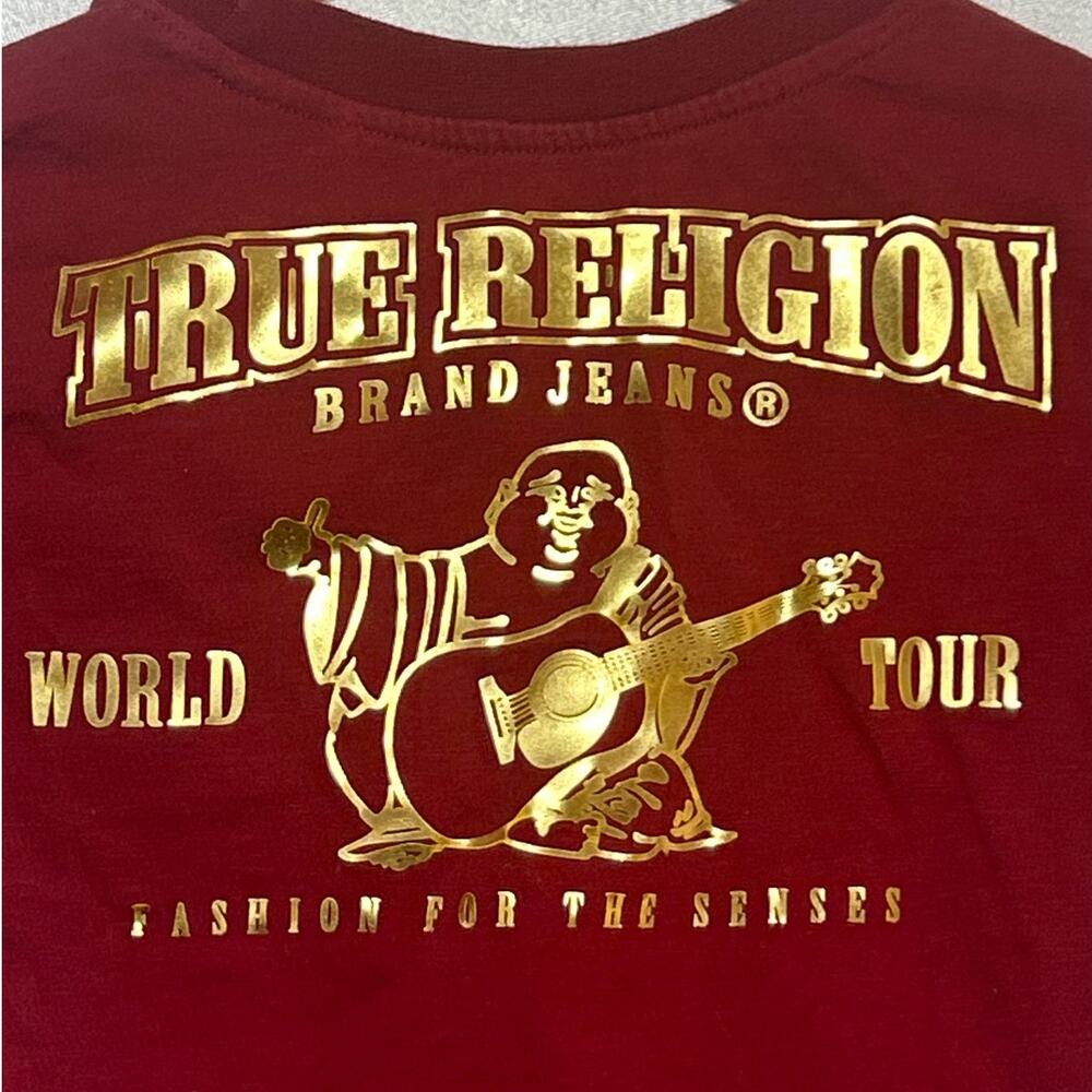 True Religion T Shirt Large 6X Red Gold World Tour Buddha Guitar